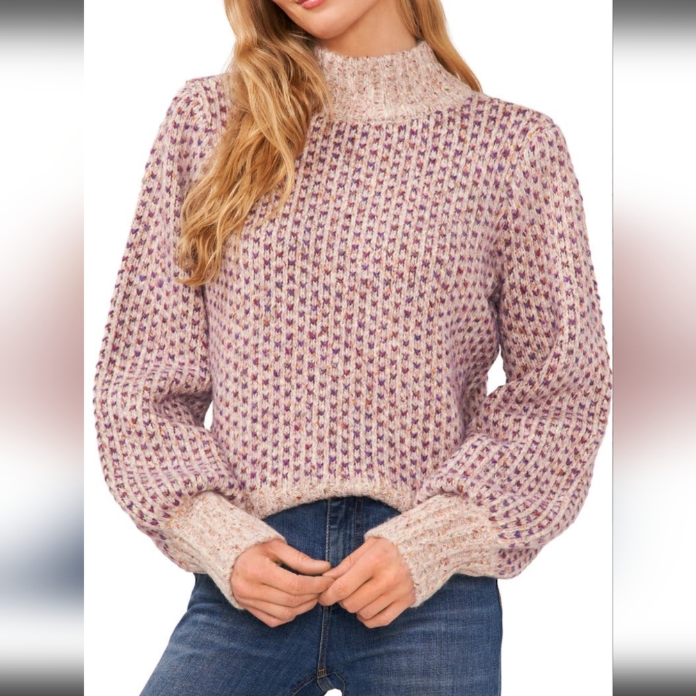 NWT CeCe Wool Blend Marled Blouson Sleeve Jacquard Sweater, Size XL